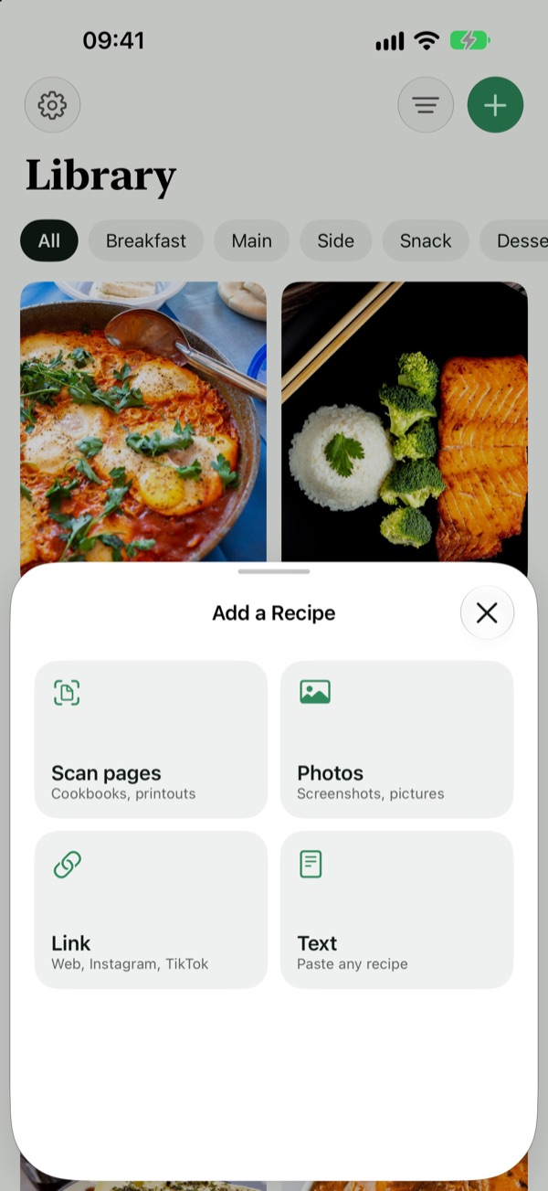 Koste's Add a Recipe sheet with Scan pages, Photos, Link and Text
