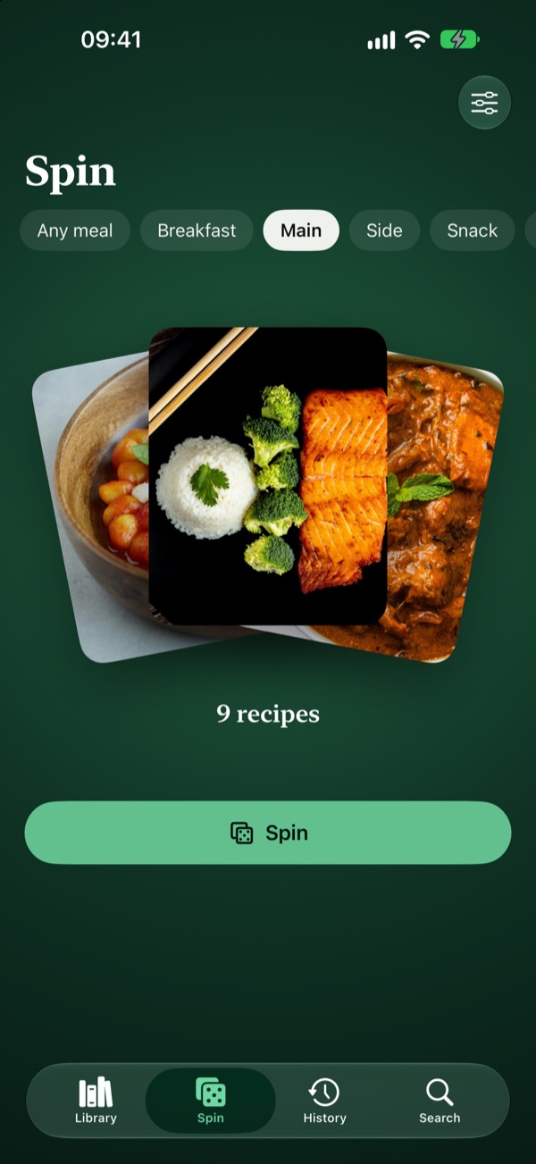 Koste's Spin screen with meal filters and a stack of recipe photos